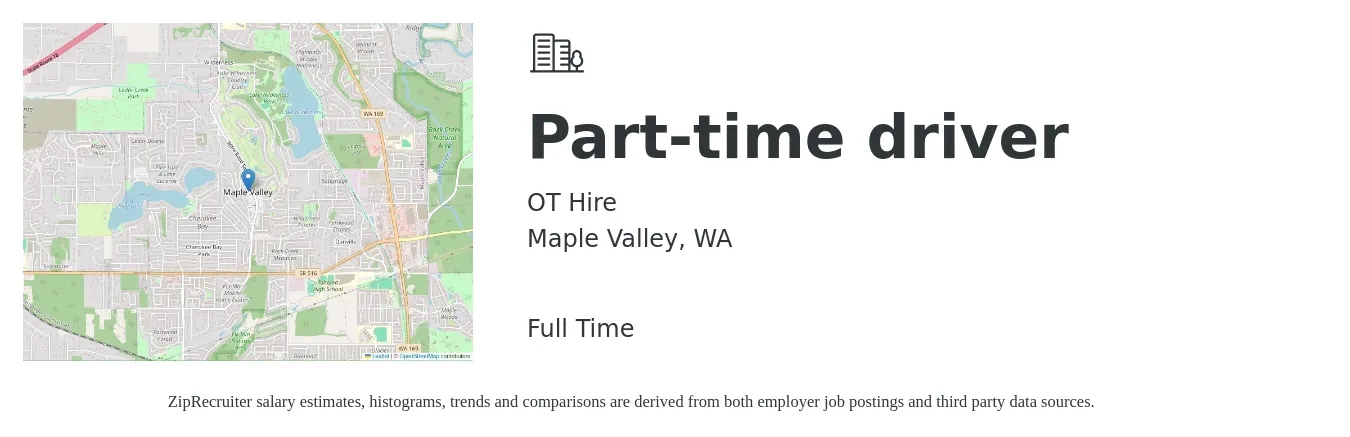 OT Hire job posting for a Part-time driver in Maple Valley, WA with a salary of $17 to $24 Hourly with a map of Maple Valley location.