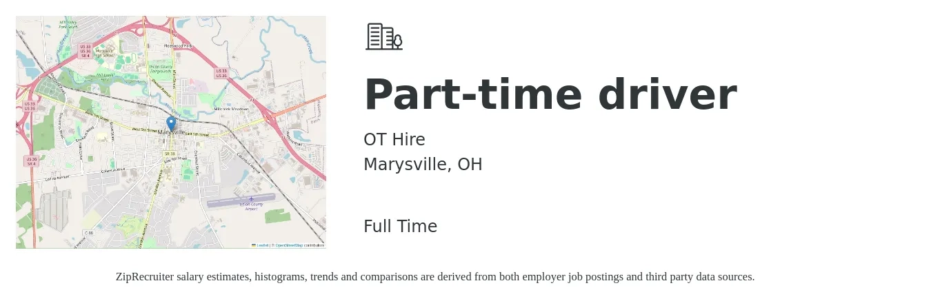 OT Hire job posting for a Part-time driver in Marysville, OH with a salary of $14 to $19 Hourly with a map of Marysville location.