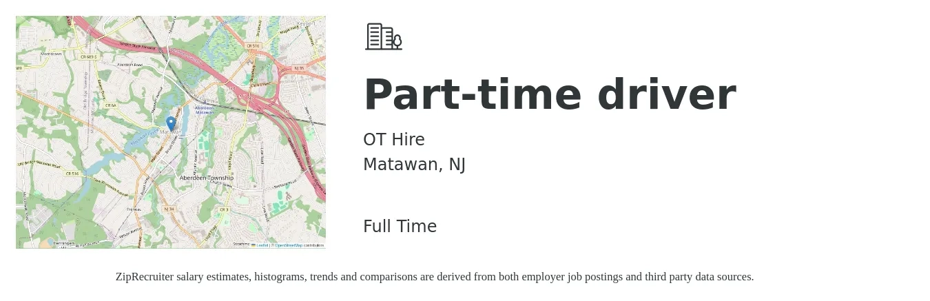 OT Hire job posting for a Part-time driver in Matawan, NJ with a salary of $16 to $22 Hourly with a map of Matawan location.
