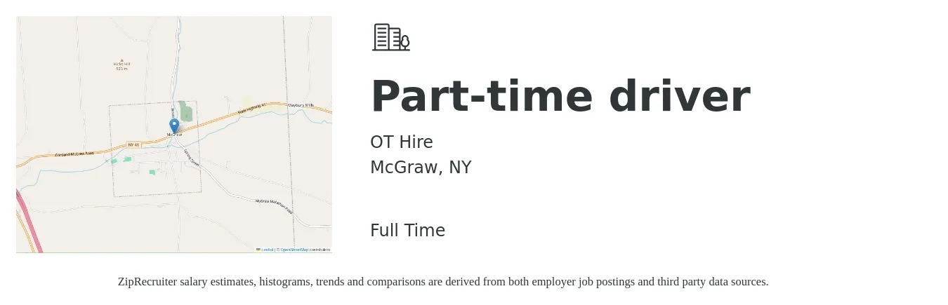 OT Hire job posting for a Part-time driver in McGraw, NY with a salary of $15 to $21 Hourly with a map of McGraw location.