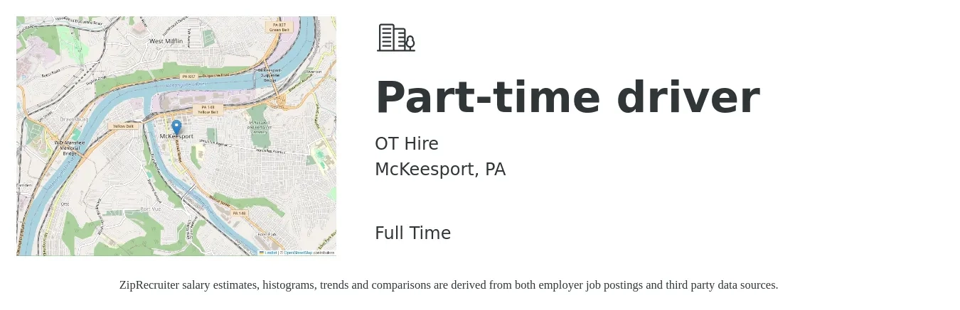 OT Hire job posting for a Part-time driver in McKeesport, PA with a salary of $14 to $20 Hourly with a map of McKeesport location.