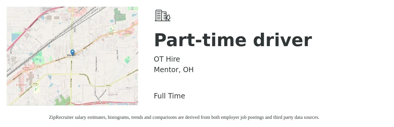 OT Hire job posting for a Part-time driver in Mentor, OH with a salary of $14 to $19 Hourly with a map of Mentor location.