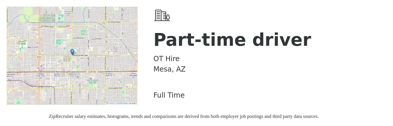 OT Hire job posting for a Part-time driver in Mesa, AZ with a salary of $15 to $21 Hourly with a map of Mesa location.