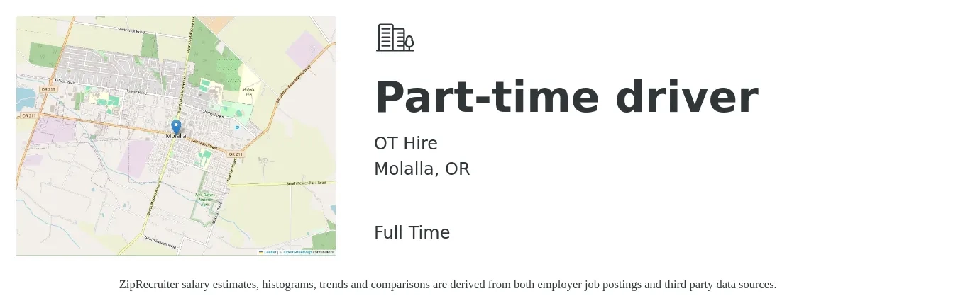 OT Hire job posting for a Part-time driver in Molalla, OR with a salary of $14 to $20 Hourly with a map of Molalla location.