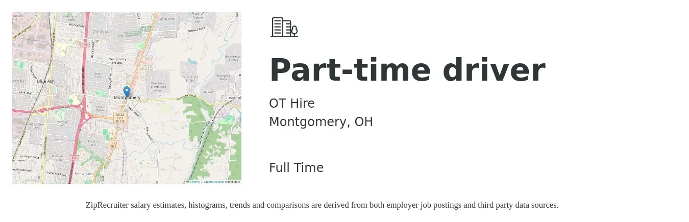 OT Hire job posting for a Part-time driver in Montgomery, OH with a salary of $14 to $19 Hourly with a map of Montgomery location.