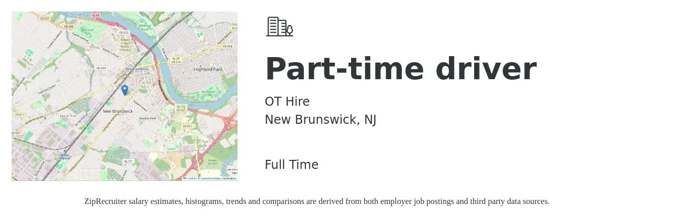 OT Hire job posting for a Part-time driver in New Brunswick, NJ with a salary of $16 to $22 Hourly with a map of New Brunswick location.