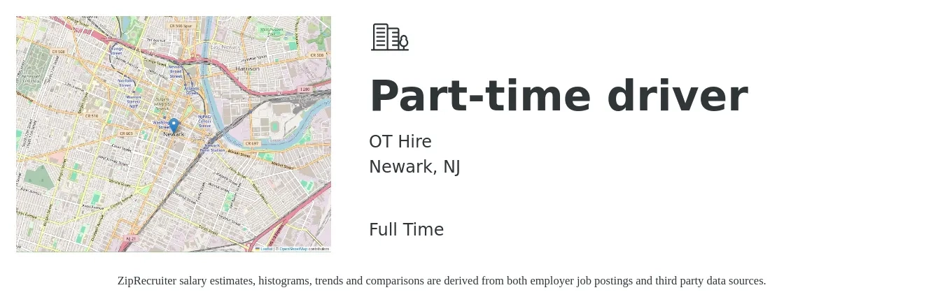 OT Hire job posting for a Part-time driver in Newark, NJ with a salary of $16 to $22 Hourly with a map of Newark location.