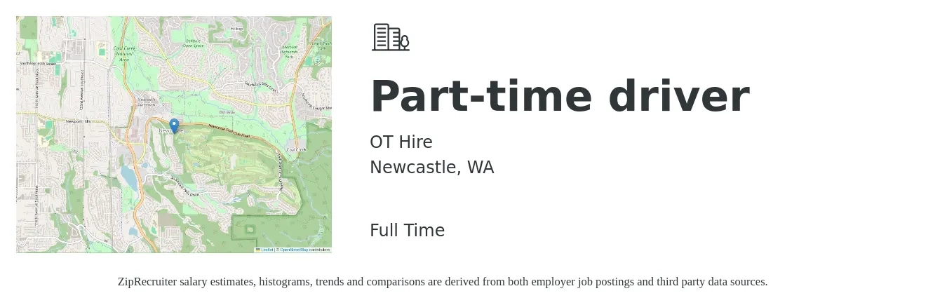 OT Hire job posting for a Part-time driver in Newcastle, WA with a salary of $17 to $24 Hourly with a map of Newcastle location.