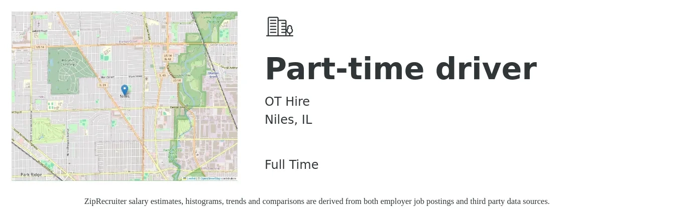 OT Hire job posting for a Part-time driver in Niles, IL with a salary of $15 to $21 Hourly with a map of Niles location.