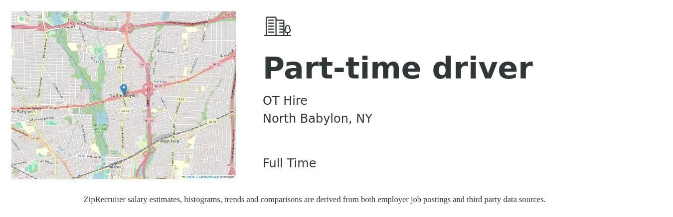 OT Hire job posting for a Part-time driver in North Babylon, NY with a salary of $16 to $22 Hourly with a map of North Babylon location.