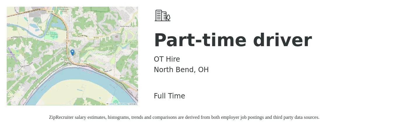 OT Hire job posting for a Part-time driver in North Bend, OH with a salary of $14 to $19 Hourly with a map of North Bend location.