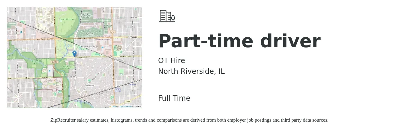 OT Hire job posting for a Part-time driver in North Riverside, IL with a salary of $15 to $21 Hourly with a map of North Riverside location.