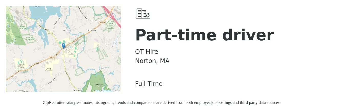 OT Hire job posting for a Part-time driver in Norton, MA with a salary of $15 to $21 Hourly with a map of Norton location.