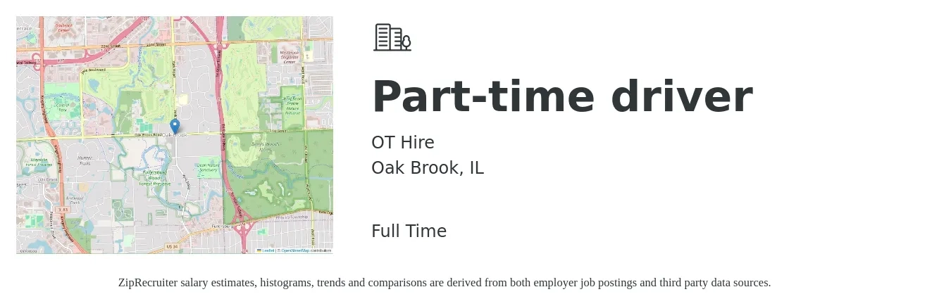 OT Hire job posting for a Part-time driver in Oak Brook, IL with a salary of $15 to $21 Hourly with a map of Oak Brook location.