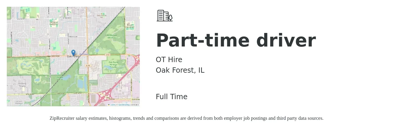 OT Hire job posting for a Part-time driver in Oak Forest, IL with a salary of $14 to $20 Hourly with a map of Oak Forest location.