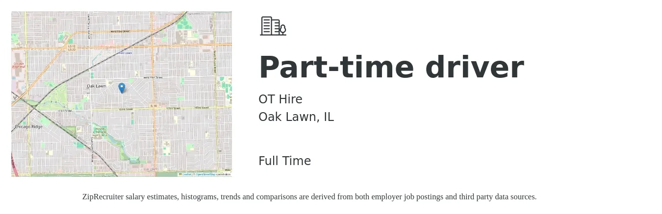 OT Hire job posting for a Part-time driver in Oak Lawn, IL with a salary of $15 to $21 Hourly with a map of Oak Lawn location.