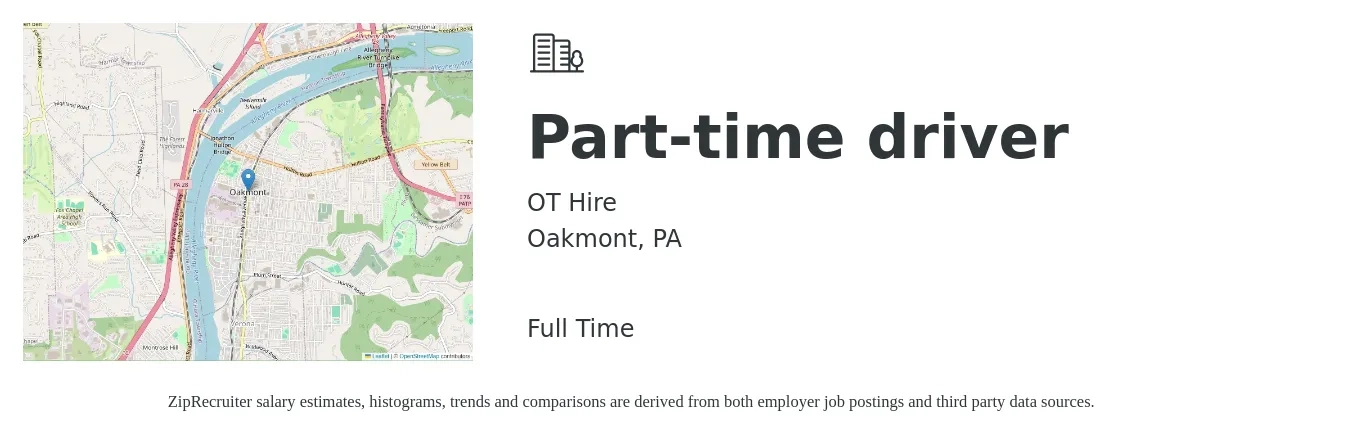 OT Hire job posting for a Part-time driver in Oakmont, PA with a salary of $14 to $20 Hourly with a map of Oakmont location.