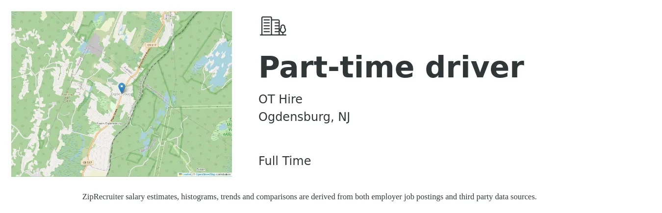 OT Hire job posting for a Part-time driver in Ogdensburg, NJ with a salary of $16 to $22 Hourly with a map of Ogdensburg location.