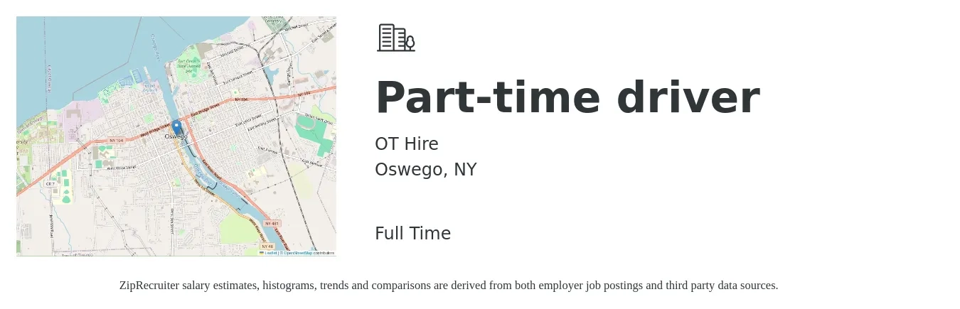 OT Hire job posting for a Part-time driver in Oswego, NY with a salary of $14 to $20 Hourly with a map of Oswego location.