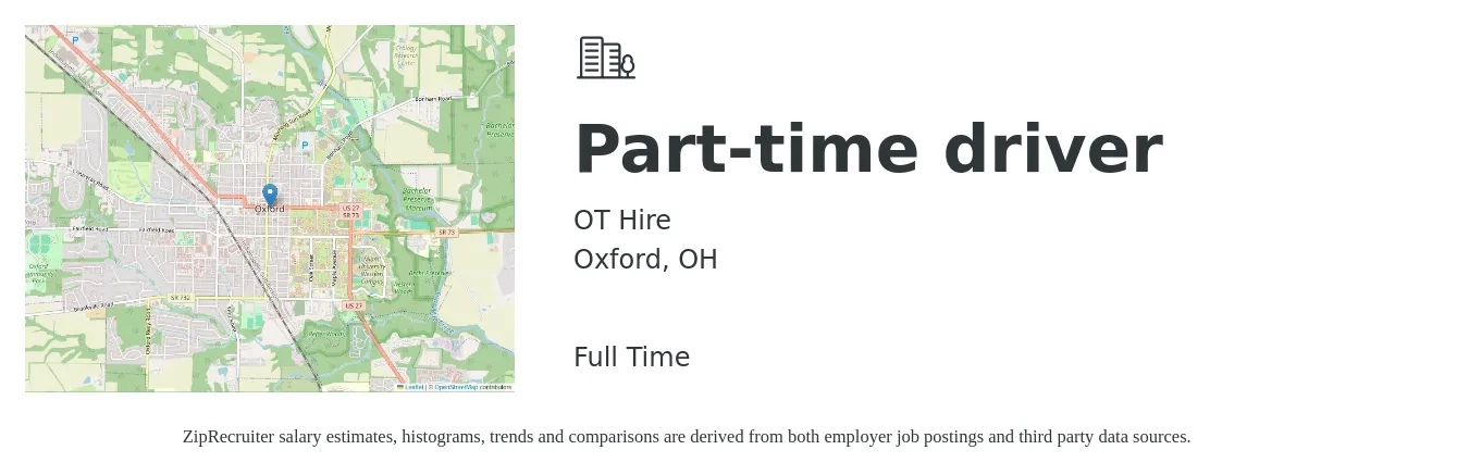 OT Hire job posting for a Part-time driver in Oxford, OH with a salary of $14 to $20 Hourly with a map of Oxford location.