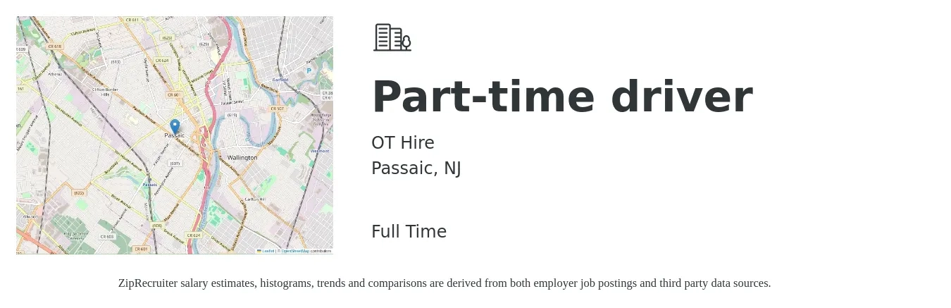 OT Hire job posting for a Part-time driver in Passaic, NJ with a salary of $16 to $22 Hourly with a map of Passaic location.