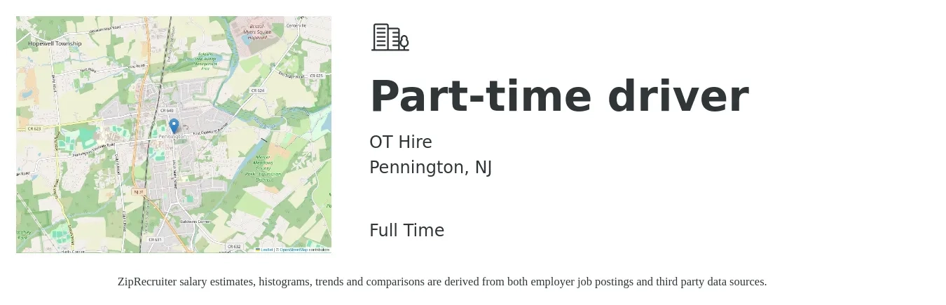 OT Hire job posting for a Part-time driver in Pennington, NJ with a salary of $15 to $21 Hourly with a map of Pennington location.