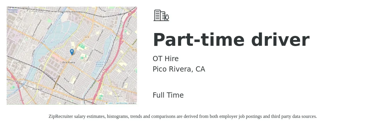 OT Hire job posting for a Part-time driver in Pico Rivera, CA with a salary of $15 to $21 Hourly with a map of Pico Rivera location.