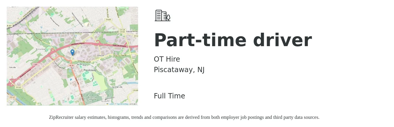 OT Hire job posting for a Part-time driver in Piscataway, NJ with a salary of $15 to $22 Hourly with a map of Piscataway location.
