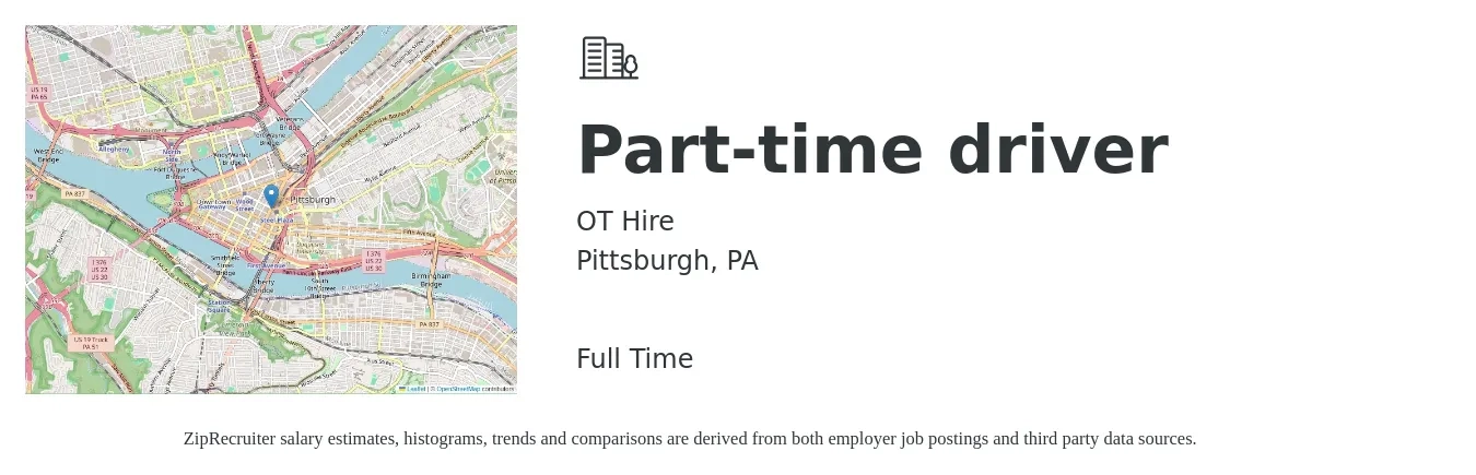 OT Hire job posting for a Part-time driver in Pittsburgh, PA with a salary of $14 to $20 Hourly with a map of Pittsburgh location.