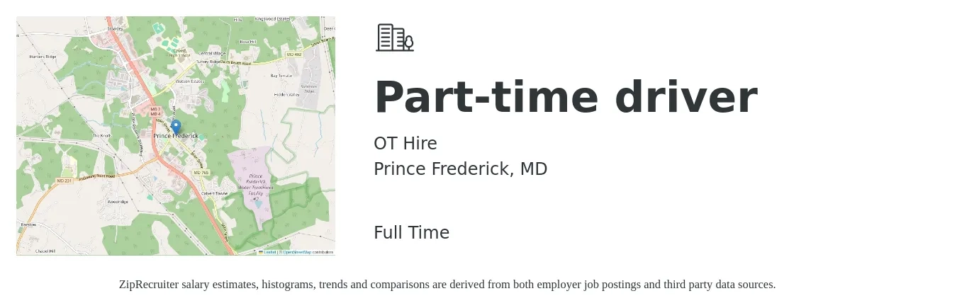 OT Hire job posting for a Part-time driver in Prince Frederick, MD with a salary of $16 to $22 Hourly with a map of Prince Frederick location.