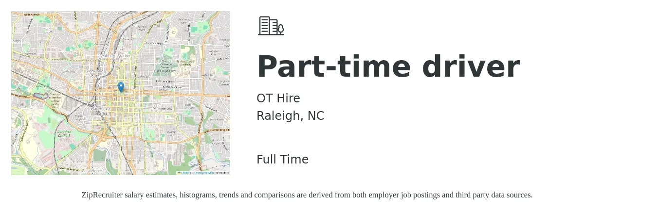 OT Hire job posting for a Part-time driver in Raleigh, NC with a salary of $14 to $20 Hourly with a map of Raleigh location.