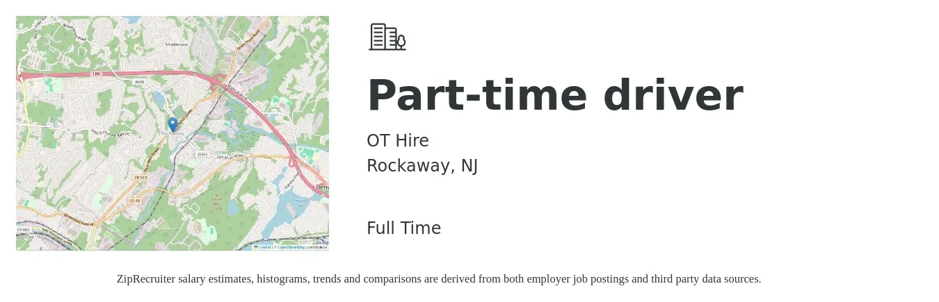 OT Hire job posting for a Part-time driver in Rockaway, NJ with a salary of $14 to $20 Hourly with a map of Rockaway location.
