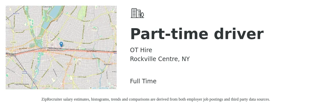 OT Hire job posting for a Part-time driver in Rockville Centre, NY with a salary of $16 to $22 Hourly with a map of Rockville Centre location.