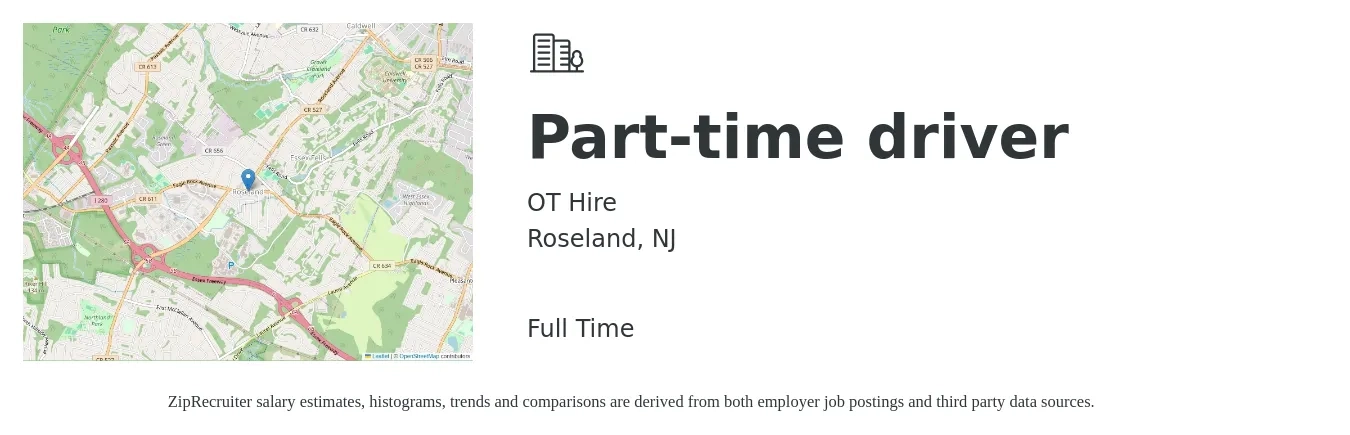 OT Hire job posting for a Part-time driver in Roseland, NJ with a salary of $16 to $23 Hourly with a map of Roseland location.
