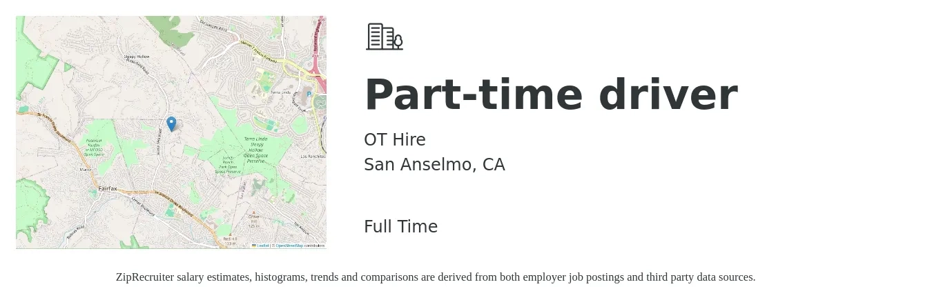 OT Hire job posting for a Part-time driver in San Anselmo, CA with a salary of $17 to $23 Hourly with a map of San Anselmo location.