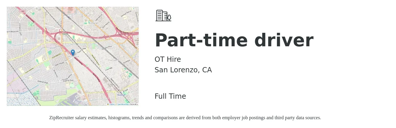 OT Hire job posting for a Part-time driver in San Lorenzo, CA with a salary of $17 to $24 Hourly with a map of San Lorenzo location.