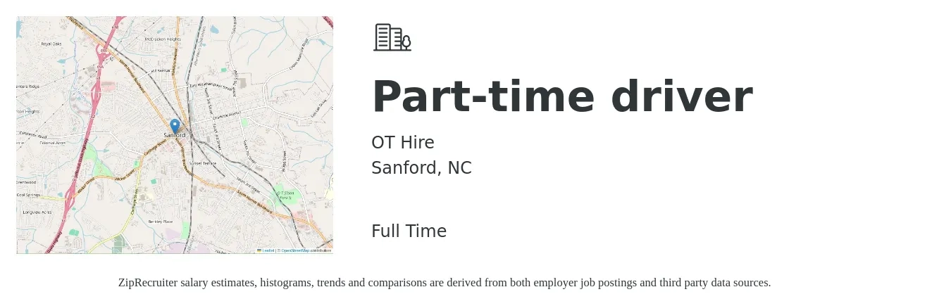 OT Hire job posting for a Part-time driver in Sanford, NC with a salary of $13 to $18 Hourly with a map of Sanford location.