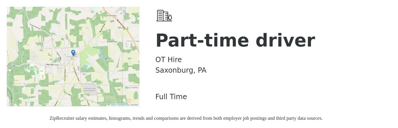 OT Hire job posting for a Part-time driver in Saxonburg, PA with a salary of $14 to $19 Hourly with a map of Saxonburg location.