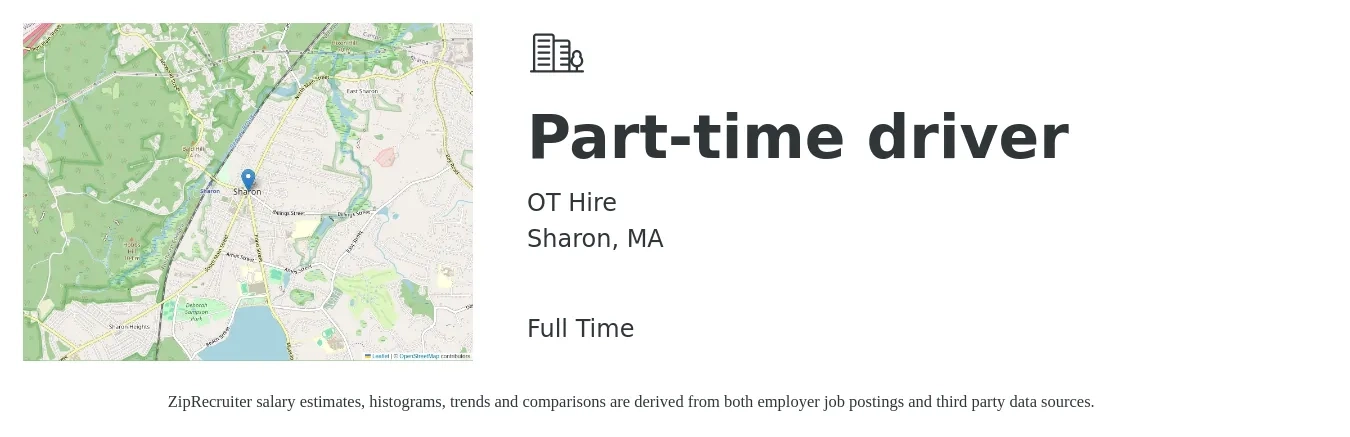 OT Hire job posting for a Part-time driver in Sharon, MA with a salary of $16 to $22 Hourly with a map of Sharon location.