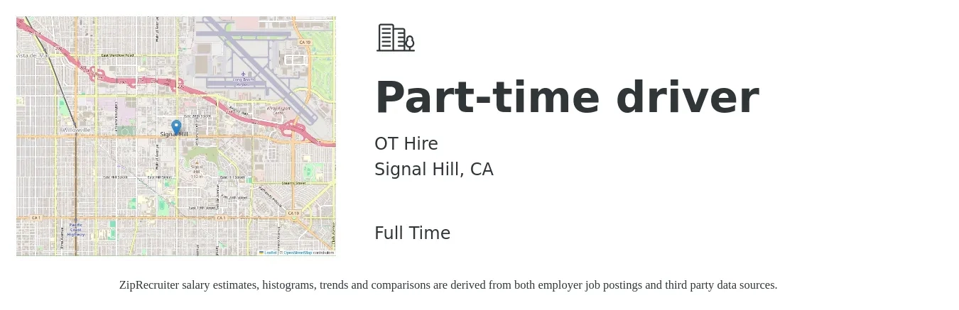 OT Hire job posting for a Part-time driver in Signal Hill, CA with a salary of $16 to $22 Hourly with a map of Signal Hill location.