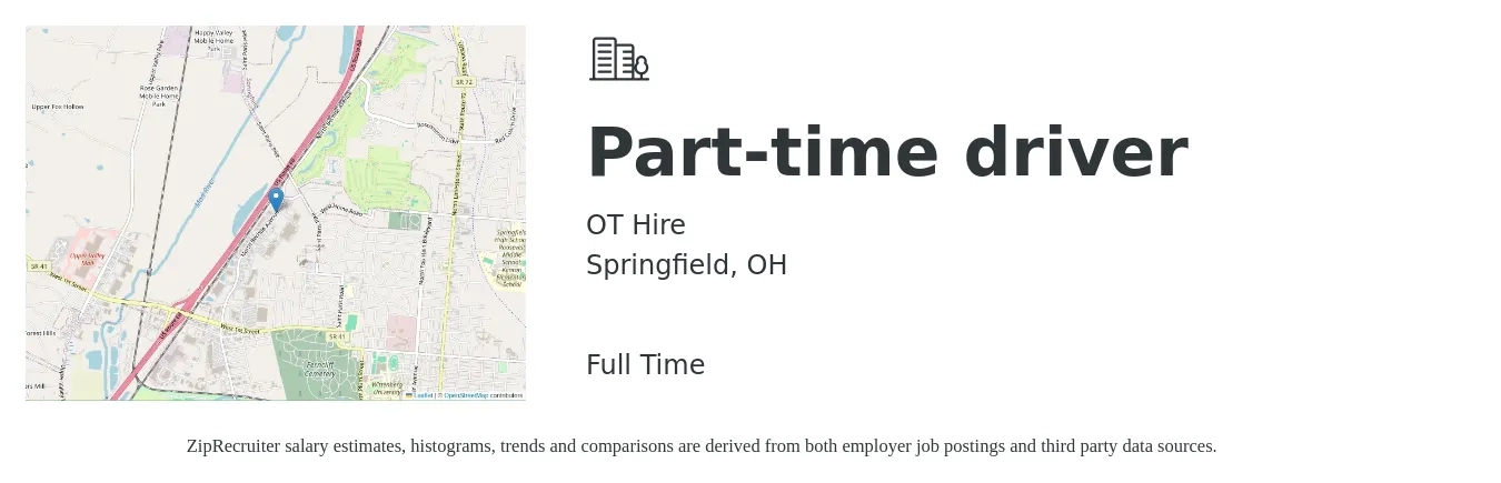 OT Hire job posting for a Part-time driver in Springfield, OH with a salary of $14 to $19 Hourly with a map of Springfield location.