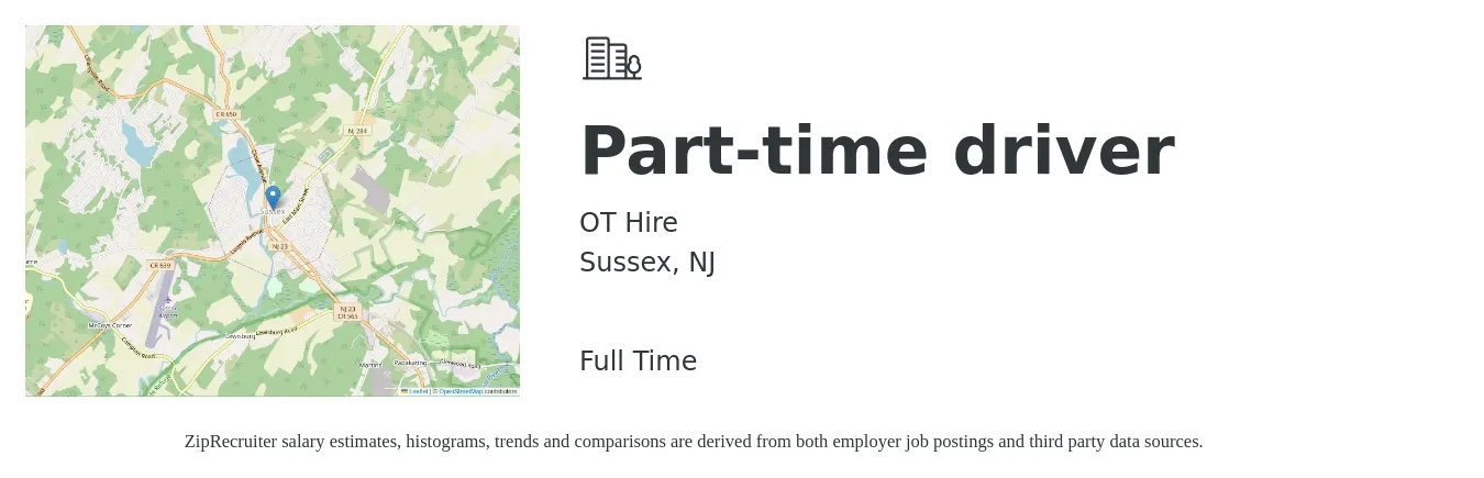 OT Hire job posting for a Part-time driver in Sussex, NJ with a salary of $15 to $21 Hourly with a map of Sussex location.