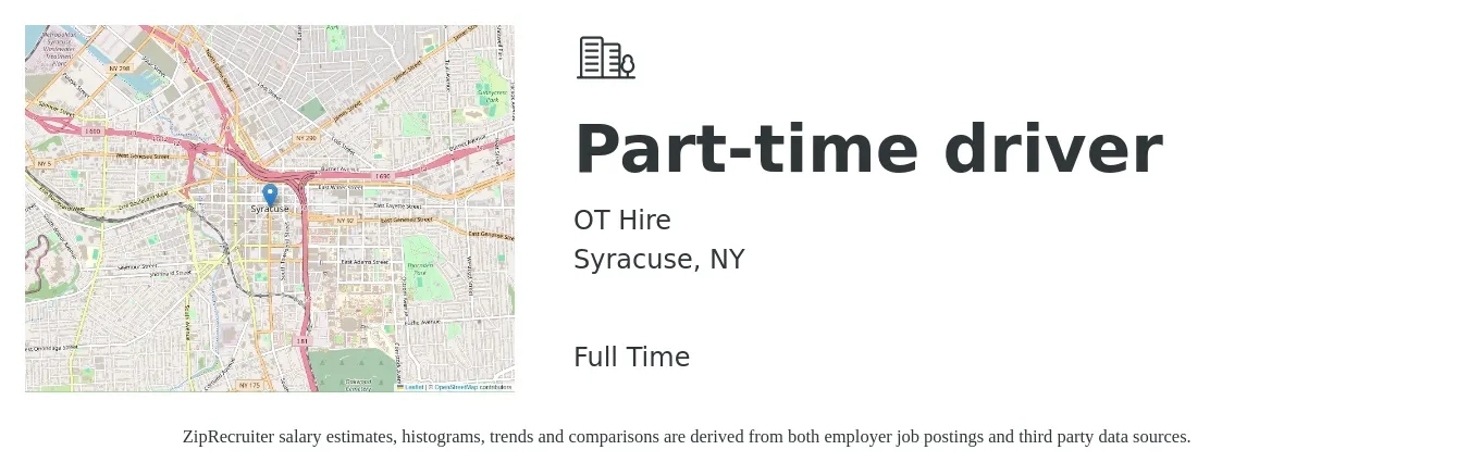 OT Hire job posting for a Part-time driver in Syracuse, NY with a salary of $15 to $21 Hourly with a map of Syracuse location.