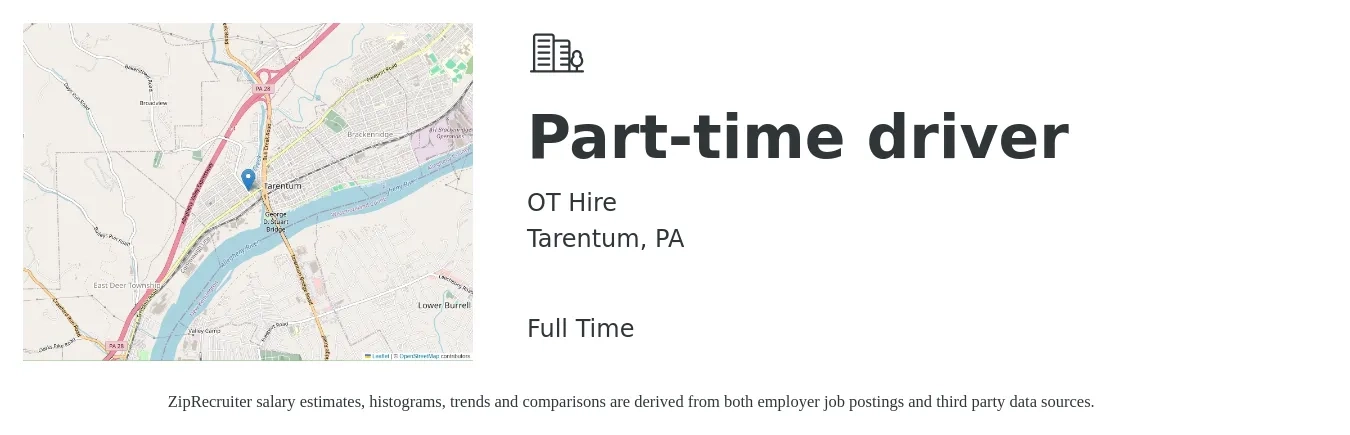 OT Hire job posting for a Part-time driver in Tarentum, PA with a salary of $14 to $19 Hourly with a map of Tarentum location.