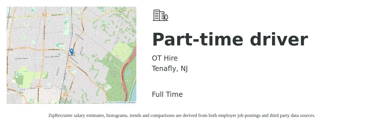 OT Hire job posting for a Part-time driver in Tenafly, NJ with a salary of $16 to $22 Hourly with a map of Tenafly location.