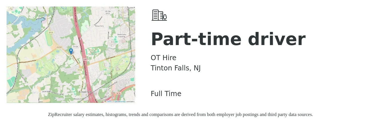 OT Hire job posting for a Part-time driver in Tinton Falls, NJ with a salary of $16 to $22 Hourly with a map of Tinton Falls location.