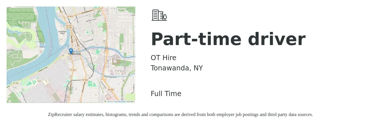 OT Hire job posting for a Part-time driver in Tonawanda, NY with a salary of $14 to $20 Hourly with a map of Tonawanda location.