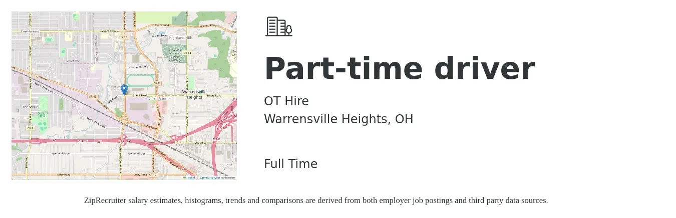 OT Hire job posting for a Part-time driver in Warrensville Heights, OH with a salary of $14 to $20 Hourly with a map of Warrensville Heights location.