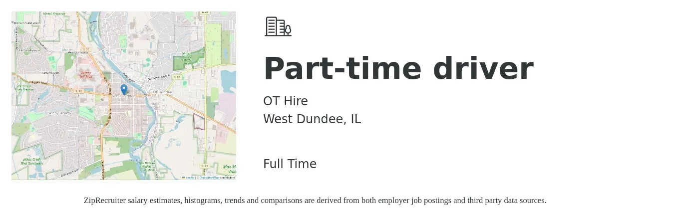 OT Hire job posting for a Part-time driver in West Dundee, IL with a salary of $15 to $21 Hourly with a map of West Dundee location.