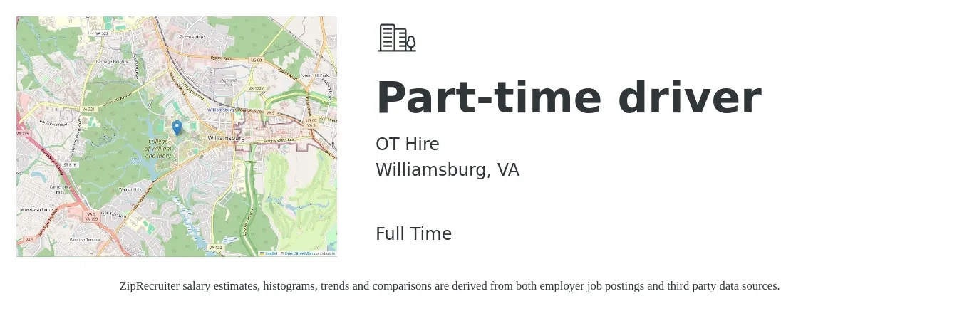 OT Hire job posting for a Part-time driver in Williamsburg, VA with a salary of $14 to $20 Hourly with a map of Williamsburg location.
